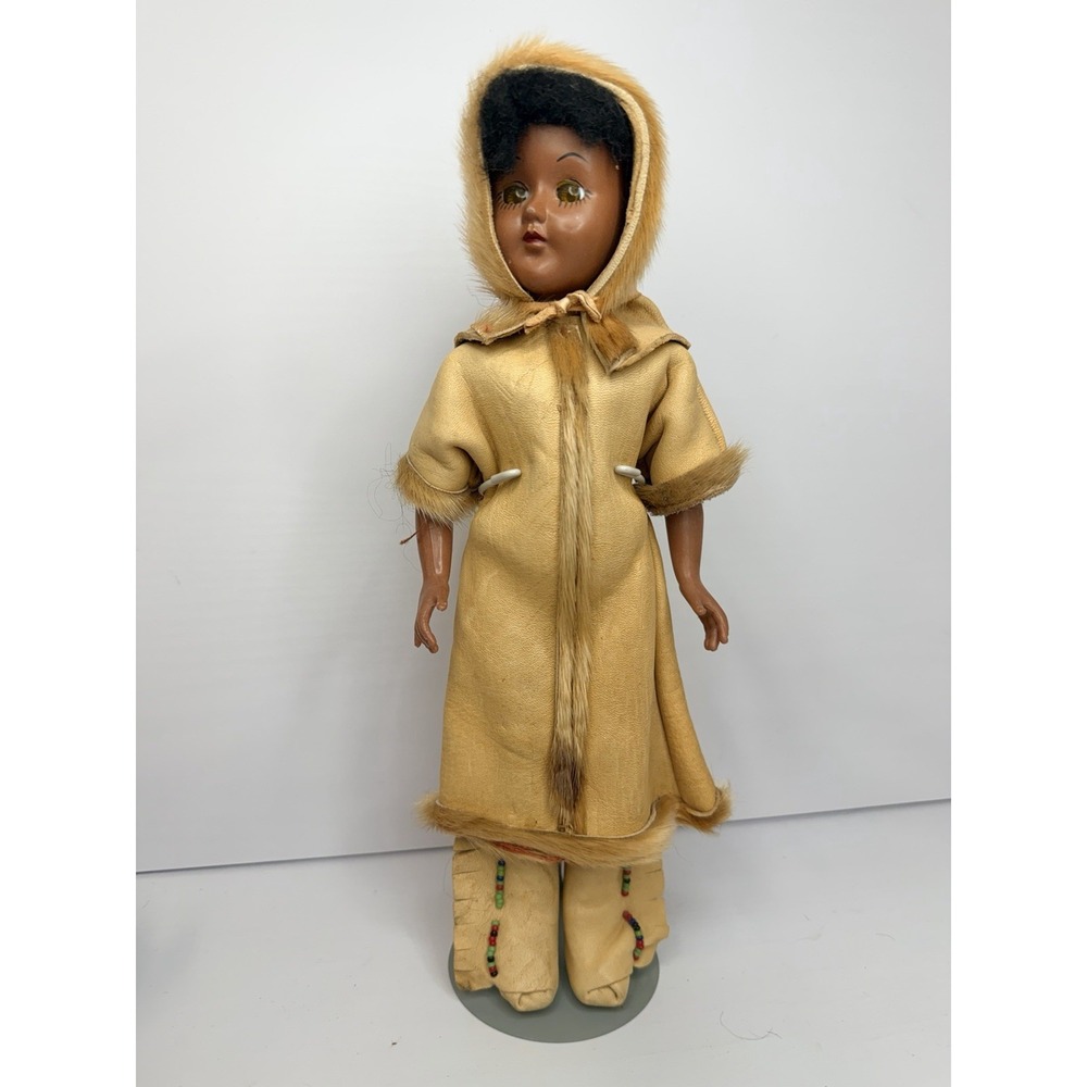 Vintage Eskimo Doll Native Alaskan Fur Parka Beaded Mukluks 12" Collectible